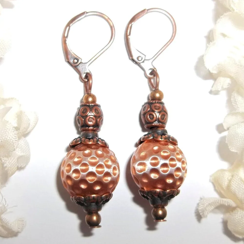 Boho Earrings Peach Orange Pearl and Brown Bronze Dangle Beaded Set Pair 7289